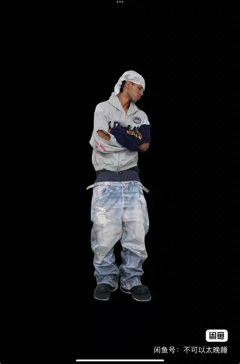 Grailz Protocol Index 25Fw Fake Double Waist Patchwork 3D Digital Print Ripped Denim Pants