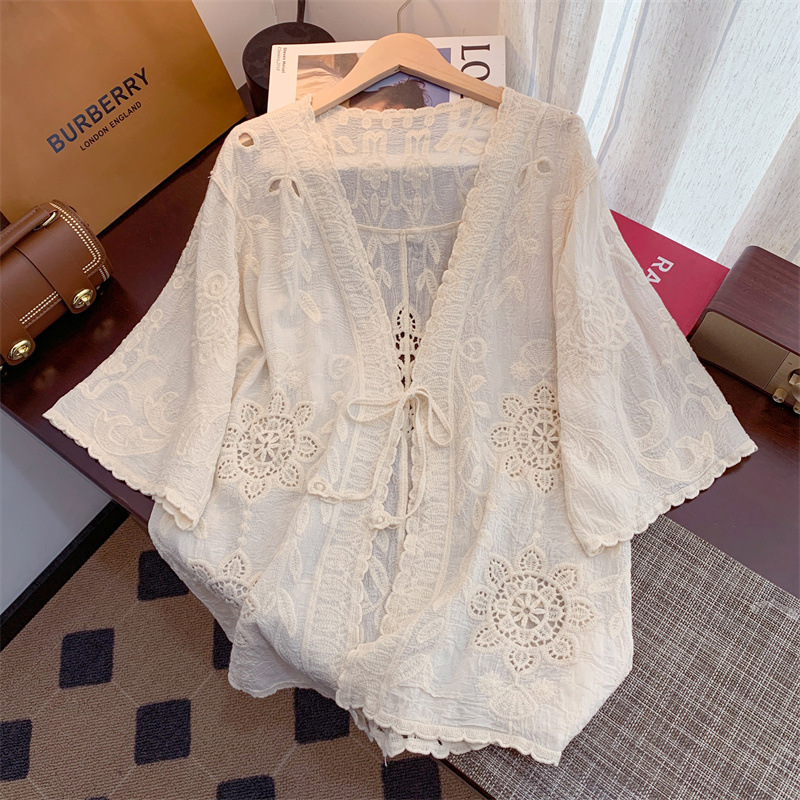 Bohemian Long Plus Size Vacation Beach Sun Protection Clothing Women's Summer Beach Bikini Cover-Up Lace Cardigan Jacket