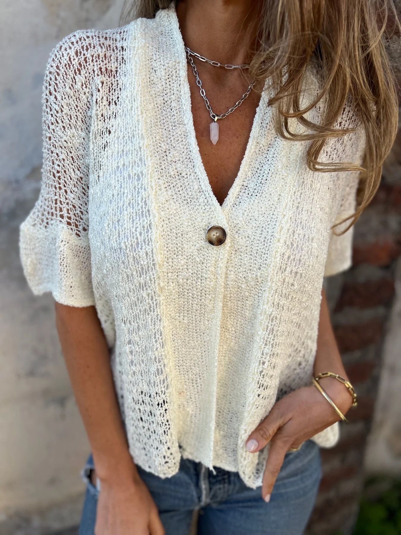 2024 Export Independent Station New European and American Clothing Spring & Fall Women's One-Button Mid-Sleeve Cut Out Knitted Cardigan Top