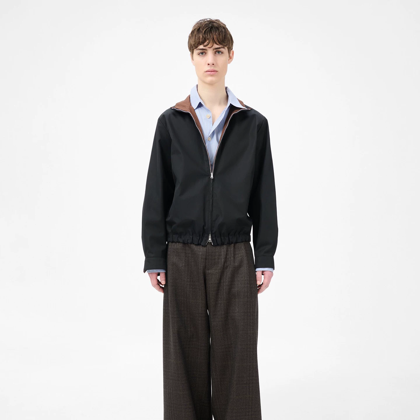 Our Legac style black double zipper contrasting stand up collar jacket casual loose Caison jacket