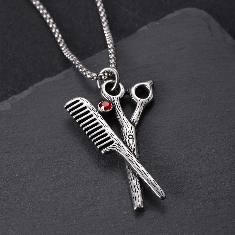 Personalized trendy design scissors comb sticky diamond pendant mid-length boys necklace gift stainless steel color retaining jewelry