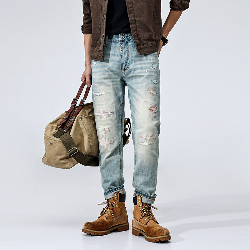 Spring New Light-Colored Faux Ripped Stretch Jeans for Men, American Retro Washed Tapered Fit Skinny Ankle-Length Pants