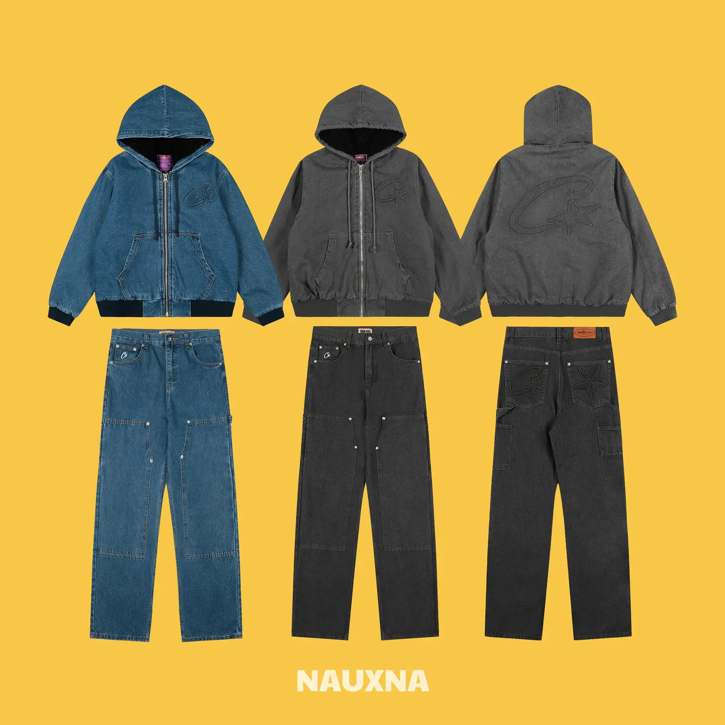 Corteiz Alcatraz Letter Pentagram Logo Fleece-Lined Trendy Denim Jacket and Casual Pants Set
