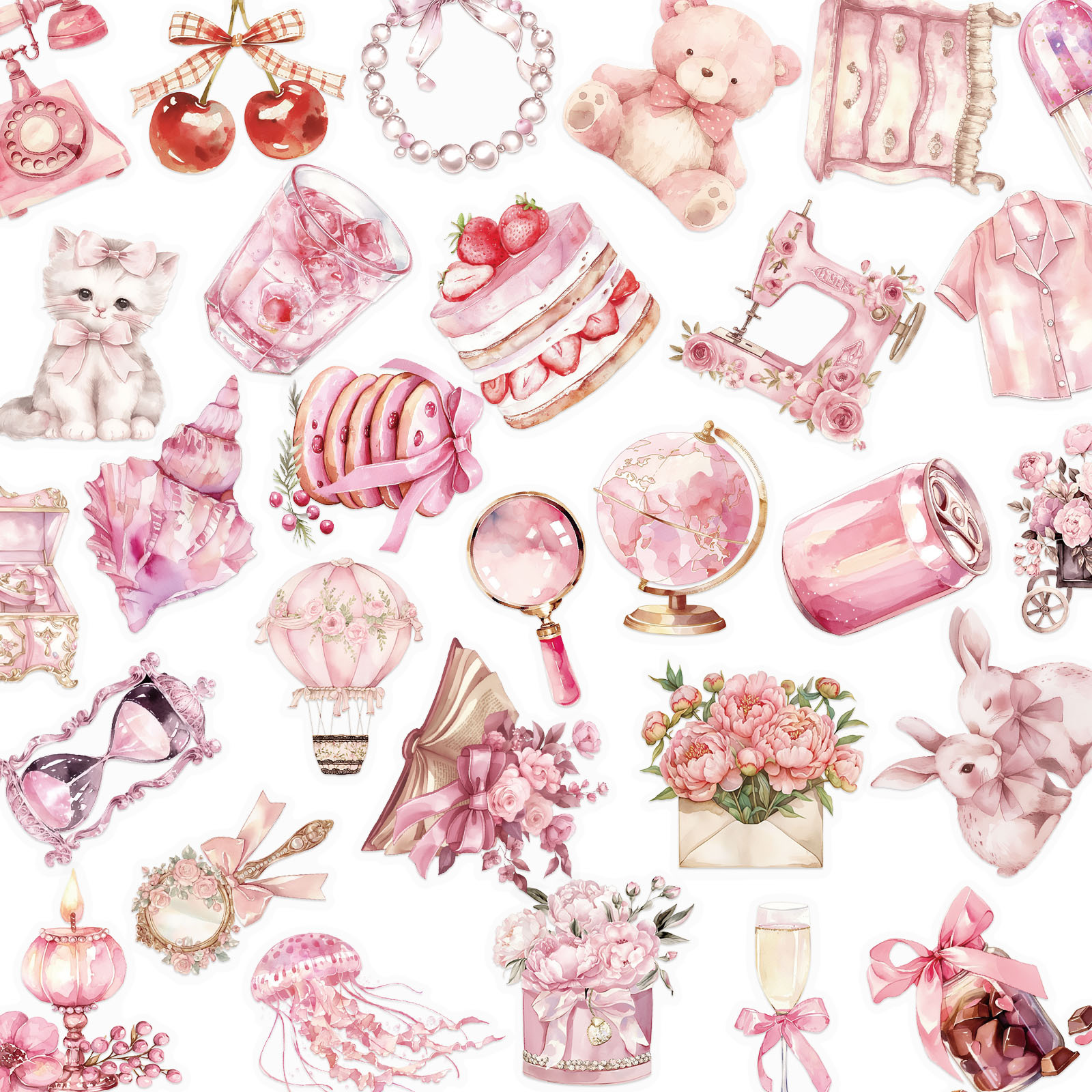 50 Pink Girl Cute PET Stickers Korean Cartoon Flower Cat Cherry Blossom Decorative Hand Account Stickers