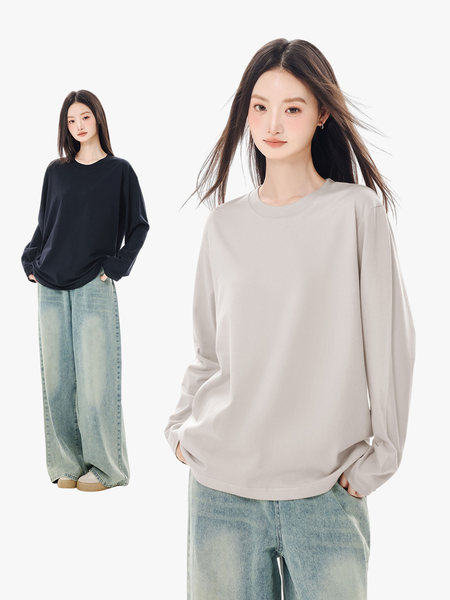 Pure Cotton Long-sleeved T-shirt Women's 2024 New Solid Color Inner Base Shirt Autumn All-match Loose Shoulder Sleeve Women's Top