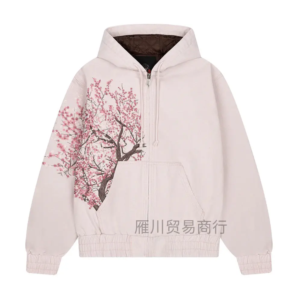 Cross-Border Retro Autumn and Winter Cherry Blossom Print Hooded Sweatshirt Y2K Street Loose Trendyy Casual Zipper Jacket for Men and Women