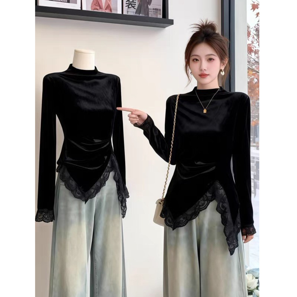 Korean Velvet High-End Lace Patchwork Long-Sleeve Pure Desire Style Half-High Collar T-Shirt for Women with a Stylish Design