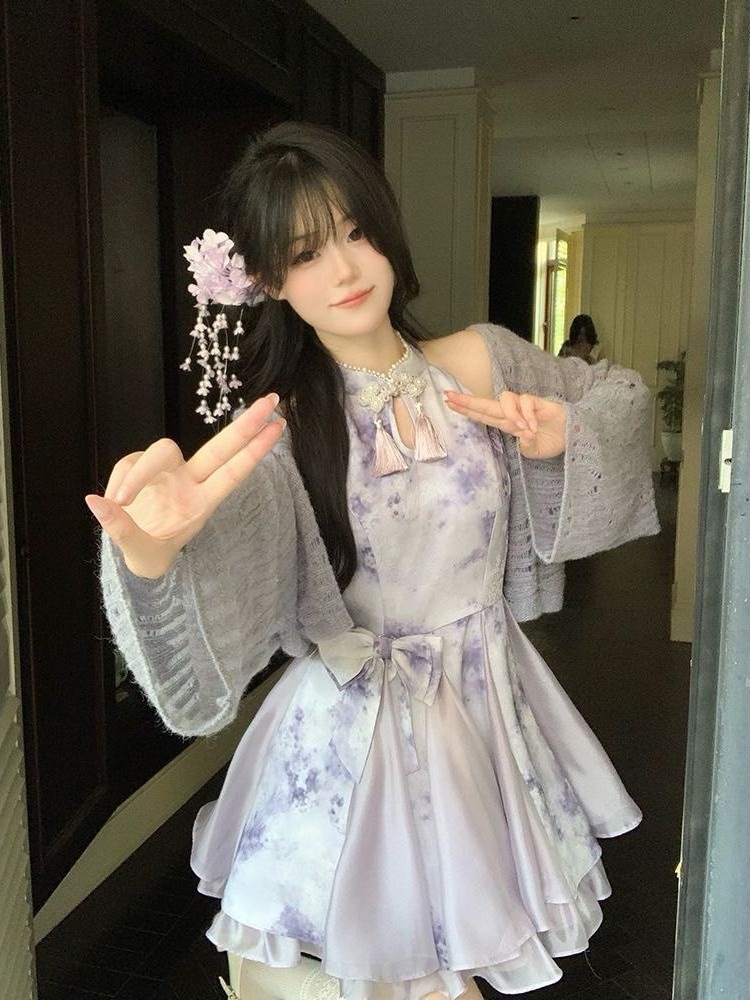 New Chinese-Style National Style Dreamy Purple Printed Cheongsam Dress Autumn New White Moonlight Atmosphere Set