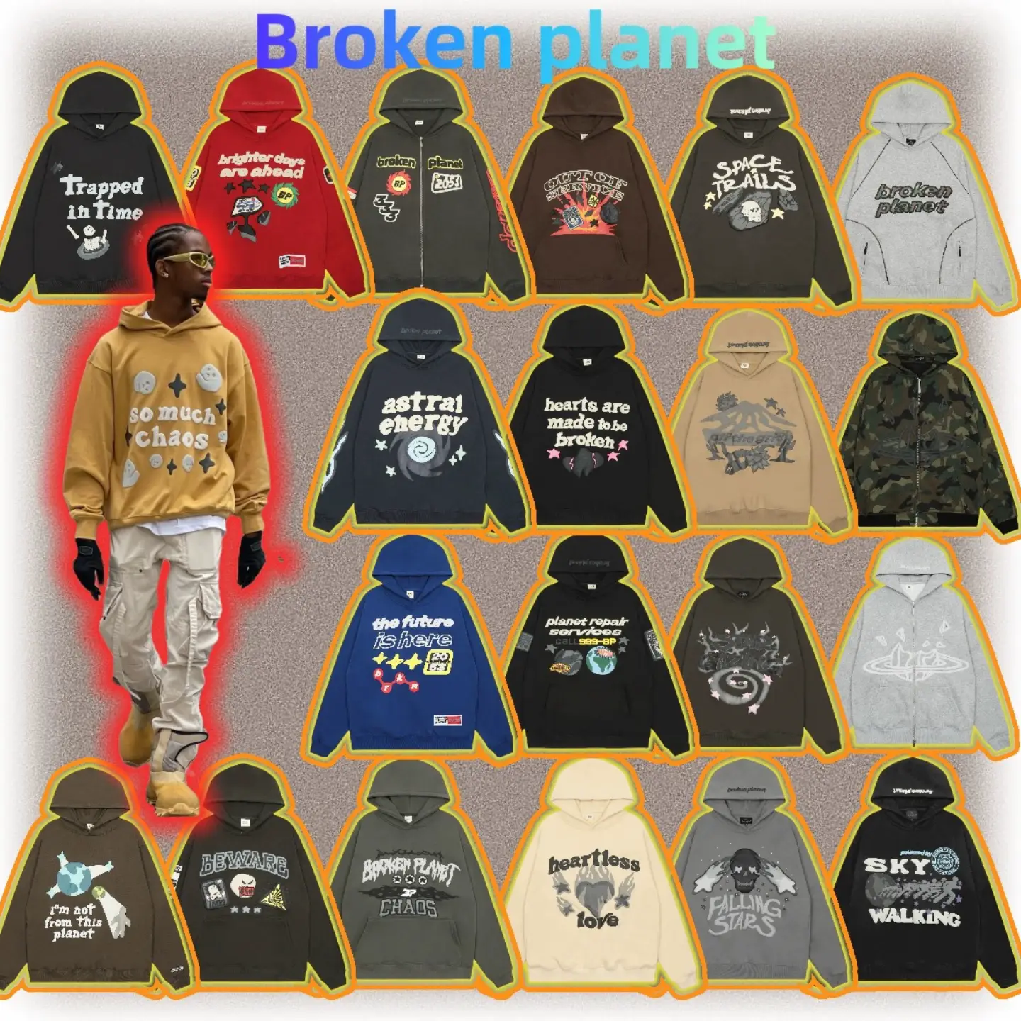 Correct Version Broken Planet Foam Print Loose Hoodie and Sweatpants Set Trendy
