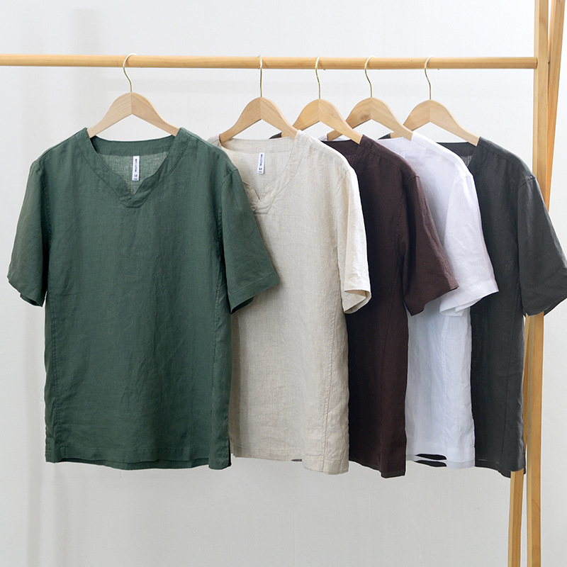 L998 Chinese Style Retro Elegant Linen Pure Color V Neck Short-Sleeved T-Shirt Men's Personalized Simple Casual T-Shirt Top