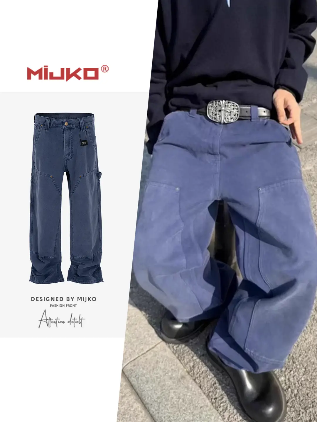 Mijko Men's and Women's Straight-Leg Triangle Leather Patch Double-Knee Lumberjack Jeans Unisex Small Tie Blue Long Pants