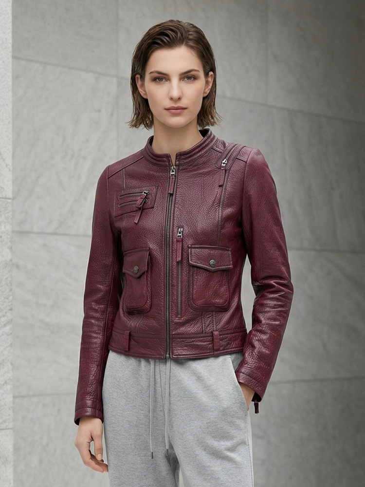 Vintage Burgundy Genuine Leather Motorcycle Jacket for Women, Short Style with Stand Collar, Made of Sheepskin, Suitable for Spring and Autumn, High-End Feel, Slim Fit and Flattering