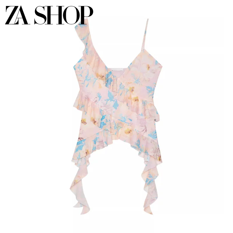 25 Summer New Women's Clothing Asymmetrical Ruffled Printed Camisole Top 0085312 5039335