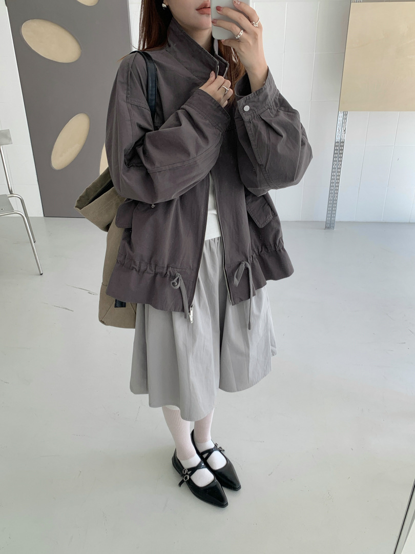 Gagd Drawstring Floral Design Stand-Collar Jacket for Women, Korean Style Washed Loose Low-Waist Silhouette Windbreaker Jacket