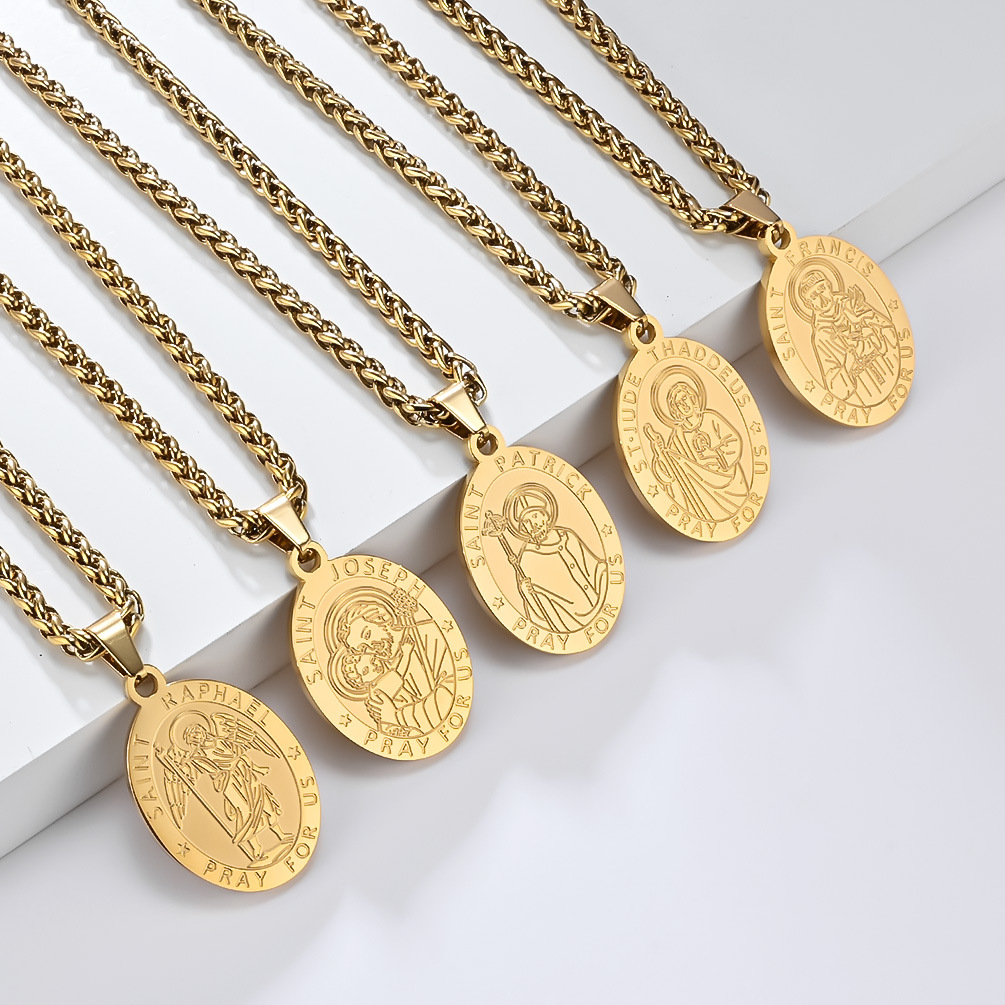 Cross-border European and American Catholic Patron Oval Medal Stainless Steel Pendant Necklace Men's and Women's Fashion Wear First Jewelry
