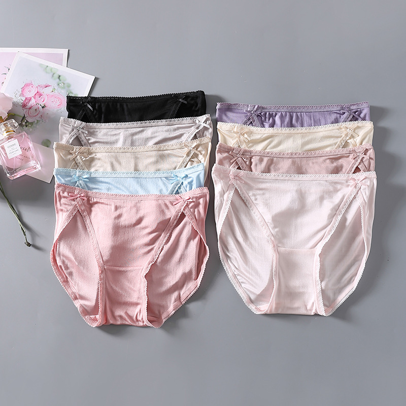 Silk underwear women's pure mulberry silk sexy bow breathable shorts low waist ladies briefs wholesale