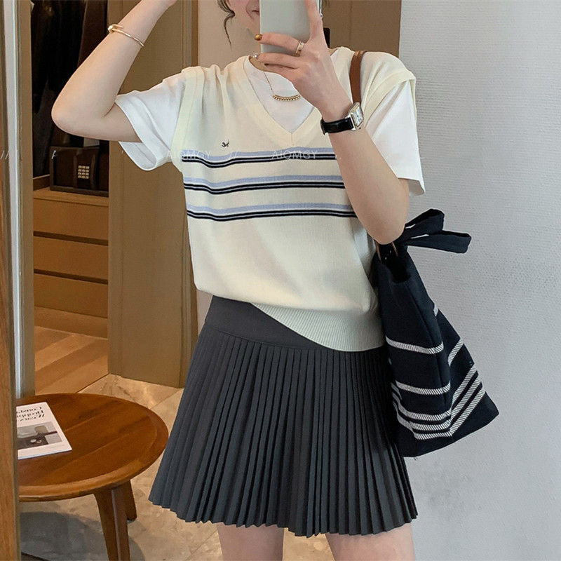 Summer Slim-Fit Short Style College Fashion American Retro Hot Girl Fake Two-Piece Knitted Vest with Short Sleeves for Women