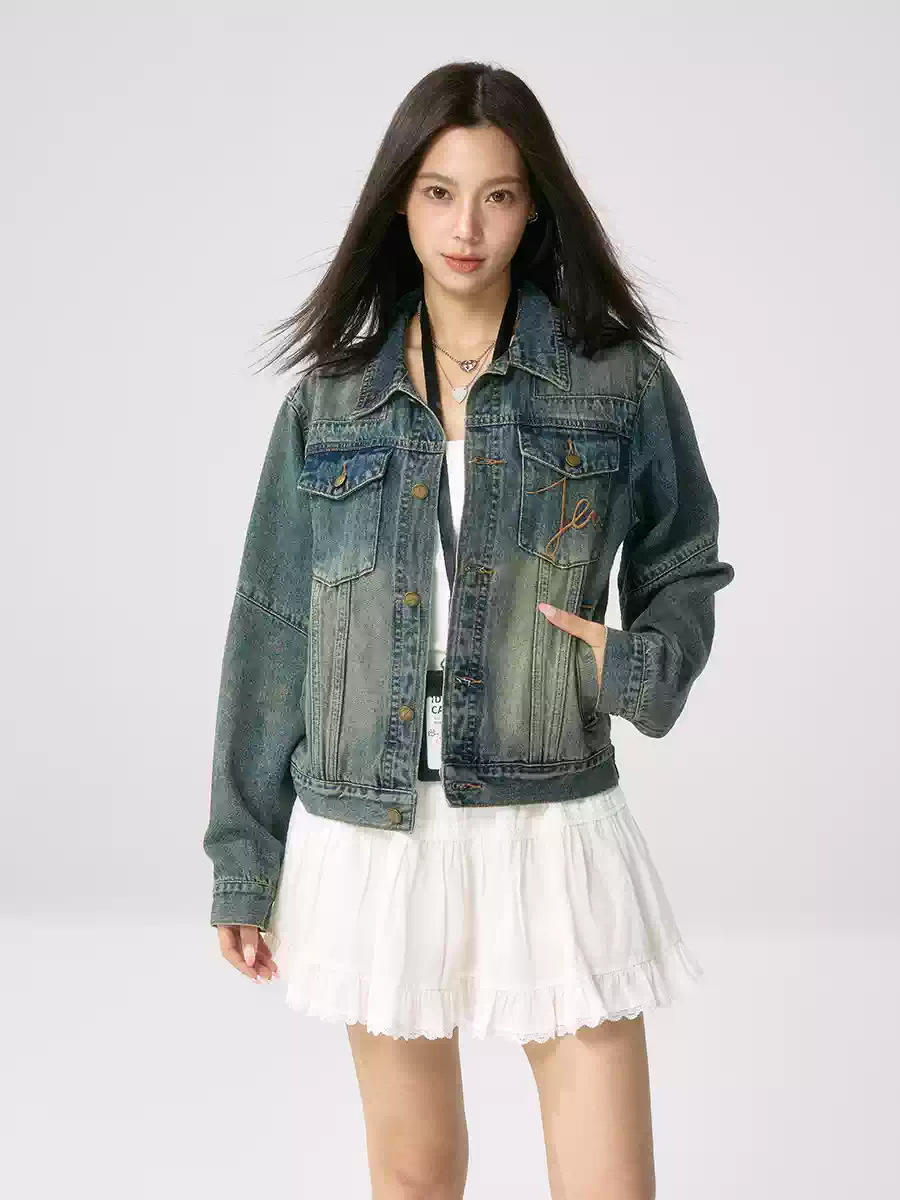 Spring and Autumn Vintage Washed Denim Jacket for Women, Versatile Loose Casual Workwear Basic Turn-Down Collar Short Top Coat Trendy