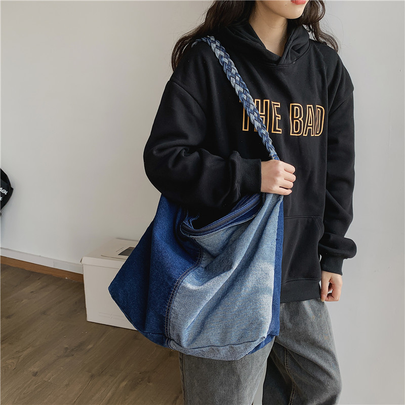 Ins-Style Color-Blocked Denim Crossbody Bag for Women, Casual Style, Large Capacity Shoulder Bag, Literary Student Backpack Style, Versatile