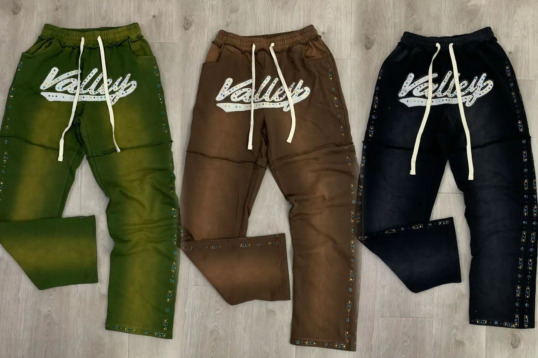 Niche Vale Forever Skittles Sweatpants with Rhinestones, Washed and Distressed, Pure Cotton Casual Long Pants
