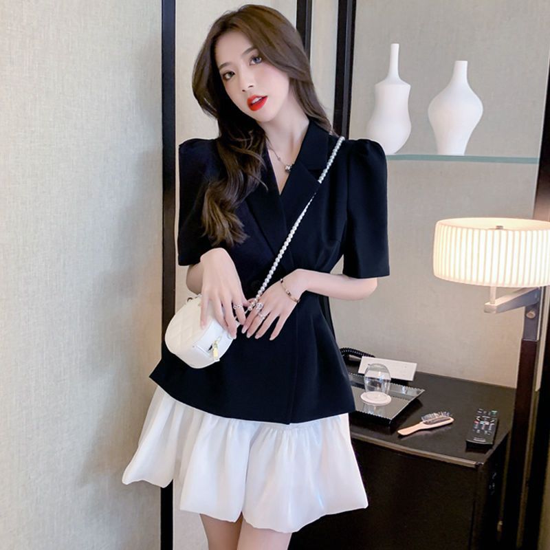 Fashion Suit Jacket Women's Spring and Summer Slit Puff Sleeve Suit Puffy Short Skirt Two-piece Set