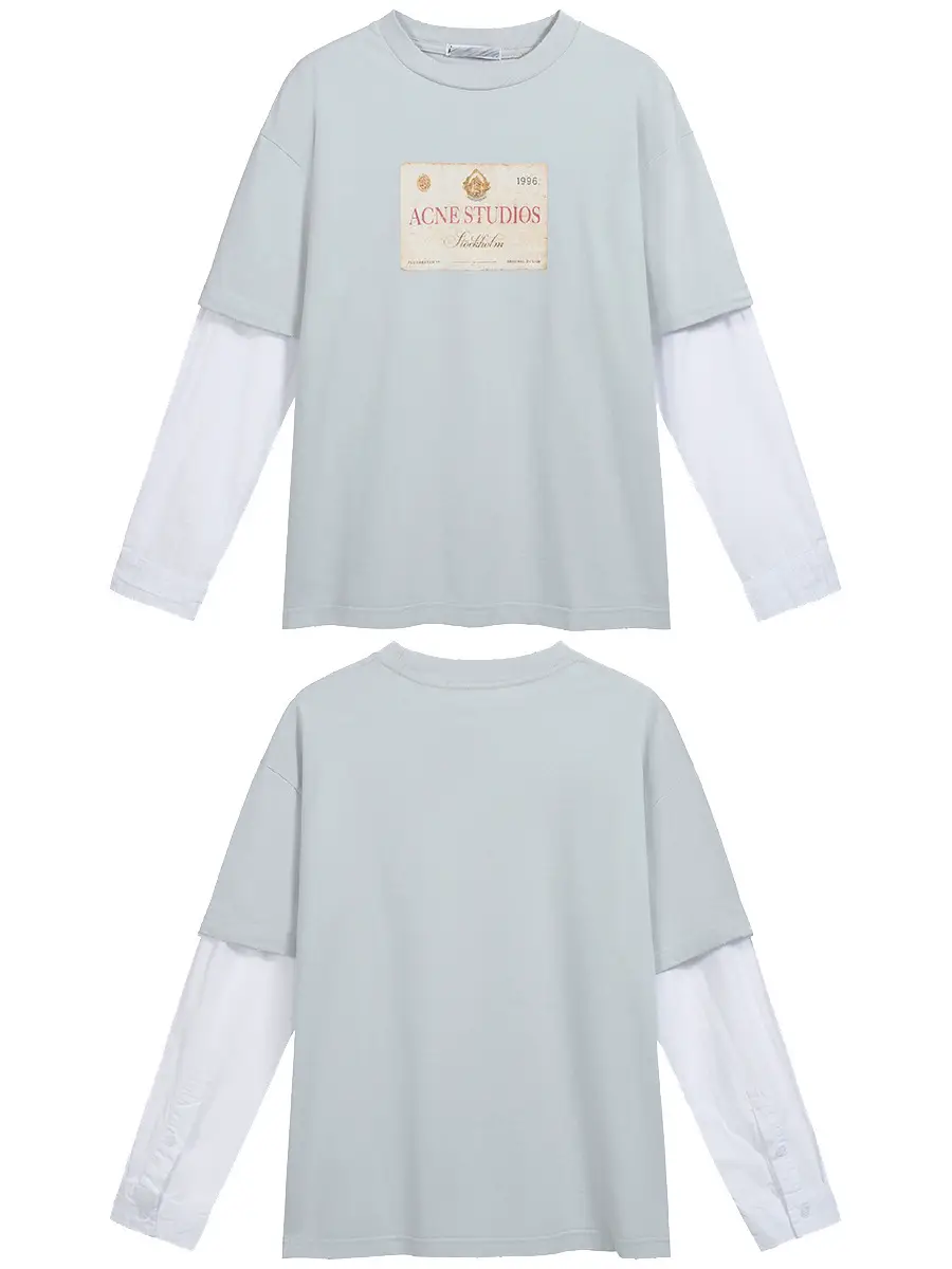 Autumn and Winter New Cross-Border Ac Retro Distressed Fake Two-Piece Letter Long-Sleeved Loose T-Shirts for Men and Women Trendy
