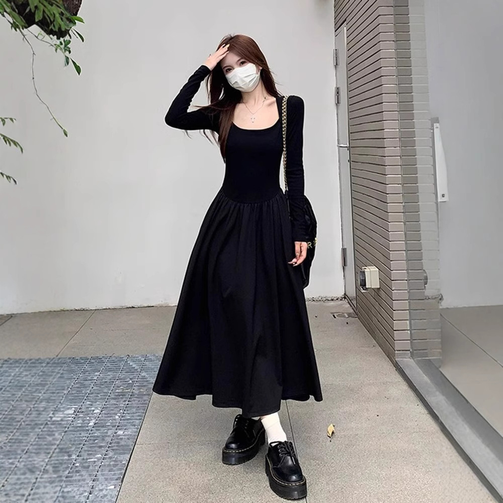 Round Neck Long-Sleeved Dress for Women, New Autumn and Winter Product, Korean Style High-End French Style Waist-Cinching Slimming Long Dress for Small People