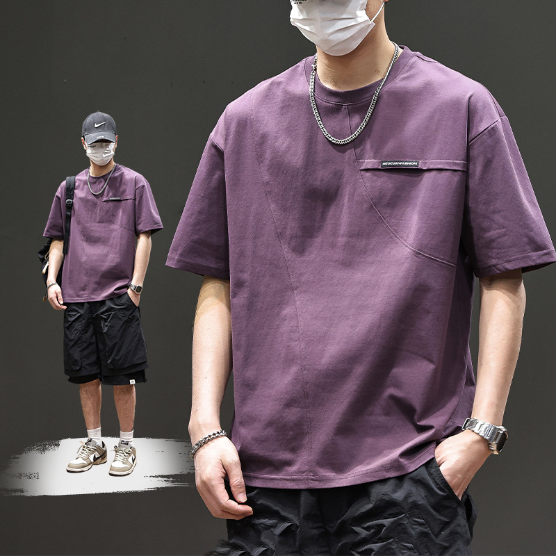 Emperor Paul Short-Sleeved Men's Summer Casual Round-Neck T-Shirt Loose High Street Thin Solid Color Half-Sleeve Geometric Pattern