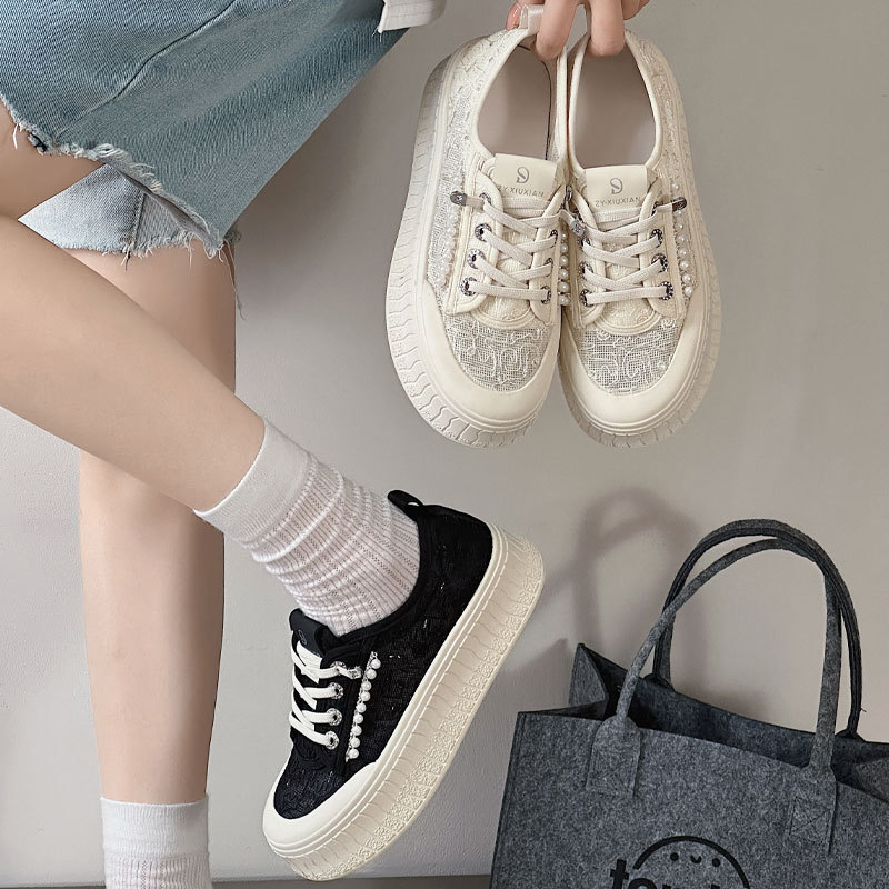 Thick-soled Lace Breathable Mesh Shoes Fisherman's Shoes Women's 2025 Summer New High-rise Non-slip Wear-resistant Pearl Casual Shoes