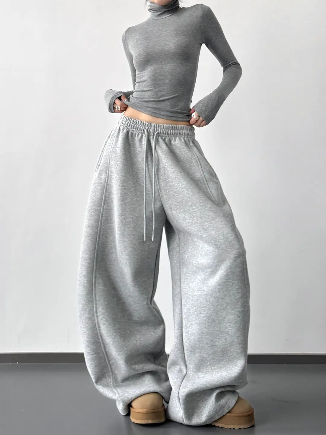 Cross-Border Gray Sweatpants Women's 2025 Autumn and Winter Loose Elastic Waist Wide-Leg Casual Pants Scimitar Pants