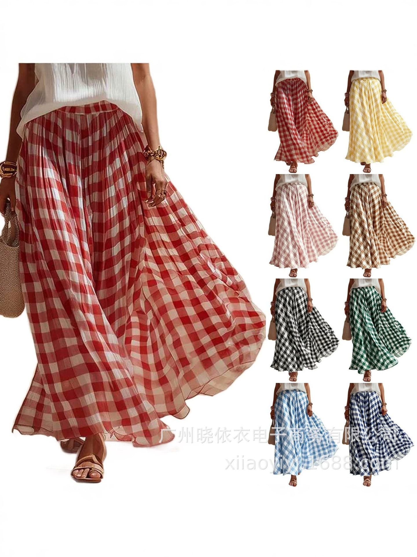 Amazon Cross-Border European and American Foreign Trade Elastic New Retro Plaid Versatile Beach Skirt Half-Length Skirt Long Skirt Flared Skirt