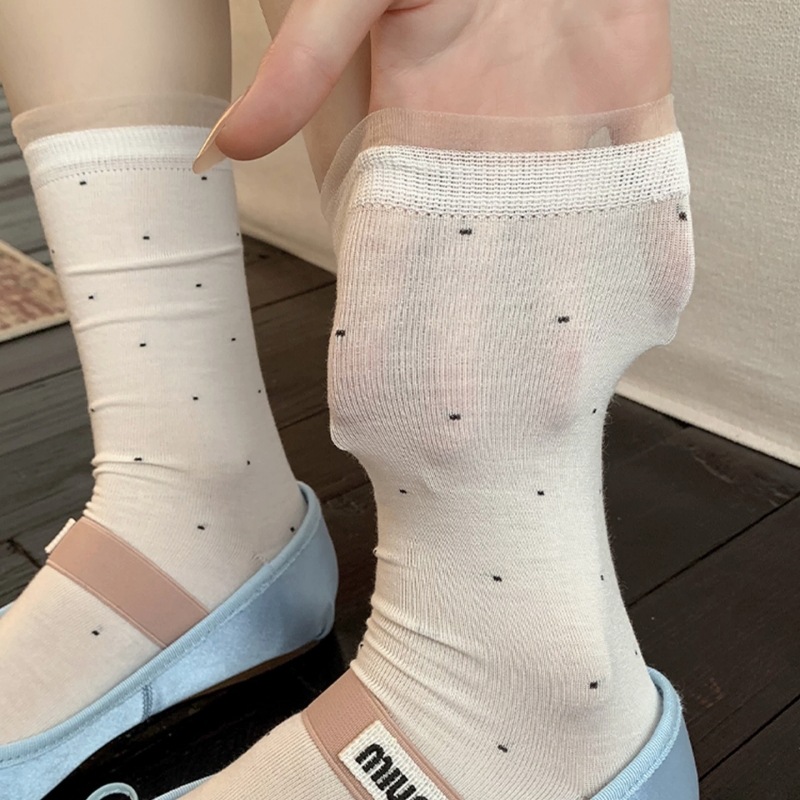 Miu White Polka Dot Socks for Women, Mid-Calf Socks, Spring and Autumn Style, Pure Cotton Lace, Summer Thin Ballet Style Slouch Socks