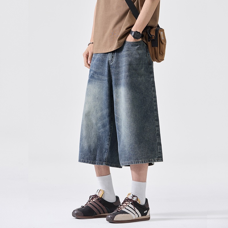 American Retro Denim Cropped Pants for Men and Women, Trendy Brand, Washed Look, Loose Fit, Versatile Casual Wide-Leg Denim Shorts