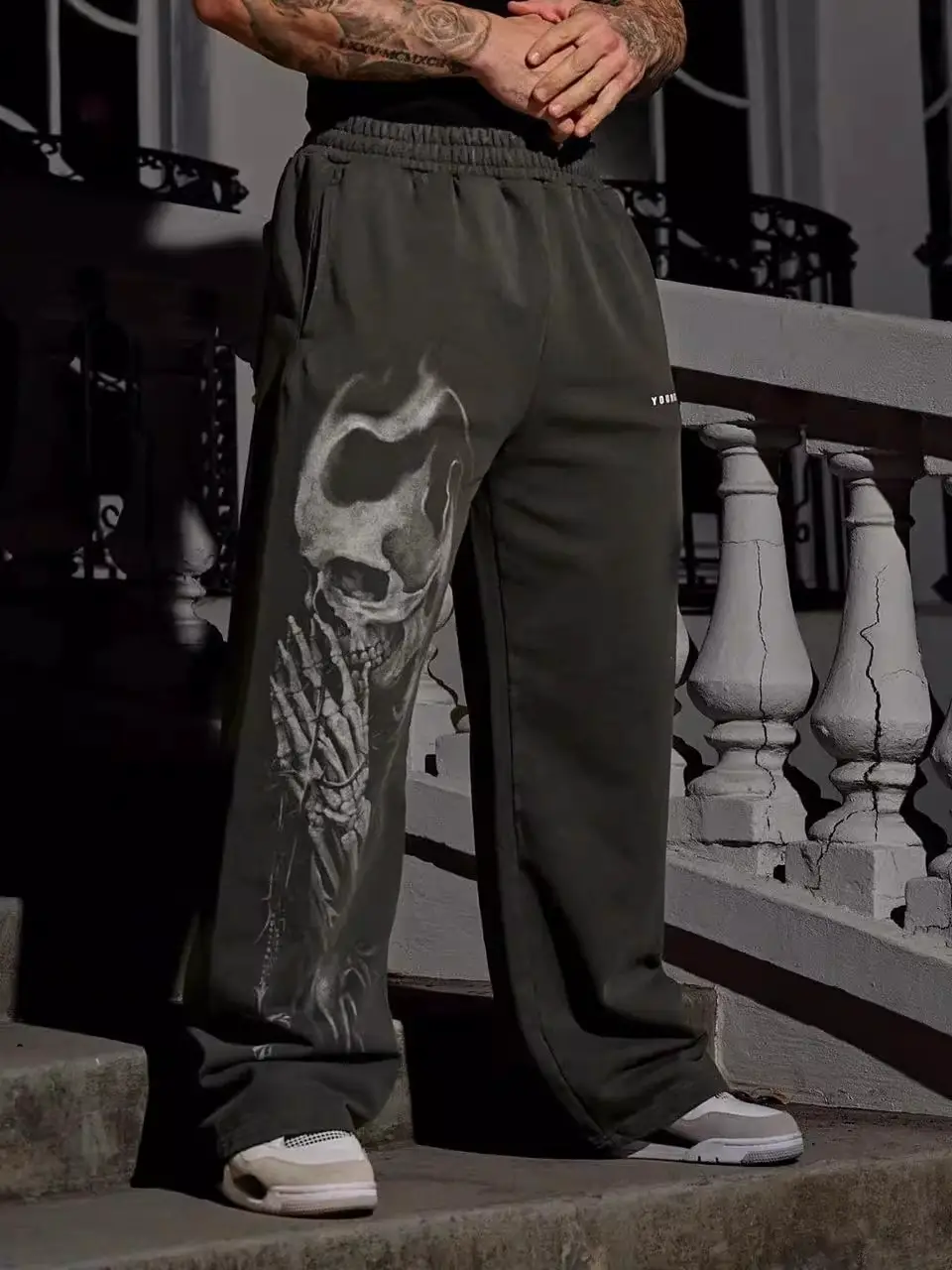 Youngla Men's Skull Print Wide-Leg Sweatpants