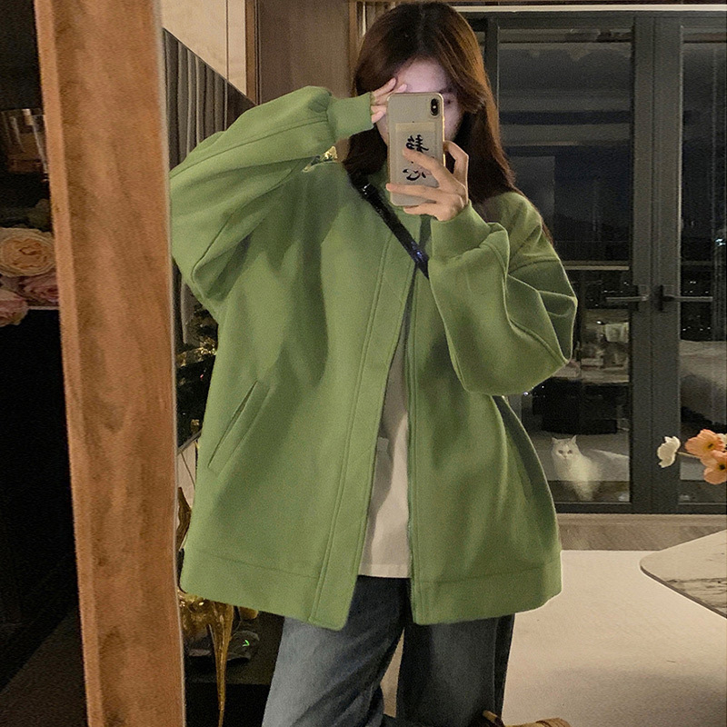 American retro baseball jacket for women 2024 autumn new mid-length loose green long sleeve jacket ins fashion