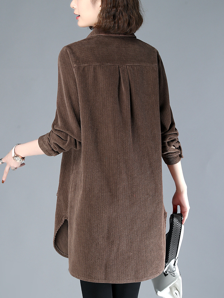 Corduroy Long-Sleeved Shirt for Women, Spring & Fall Mid-Length Butt-Covering Casual Thin Middle-Aged Mother's Jacket Top Versatile