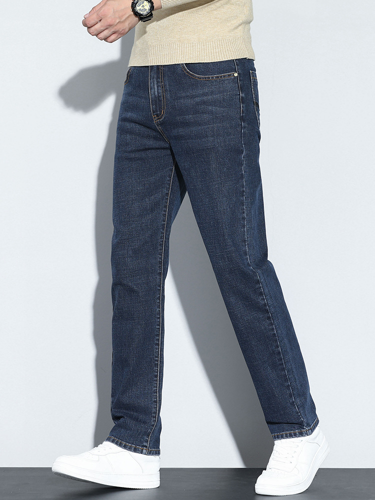 Washed Jeans Men's Winter Thick Slim-fit Straight Pants Non-ironing Anti-wrinkle Elastic Casual Pants for Men H8060