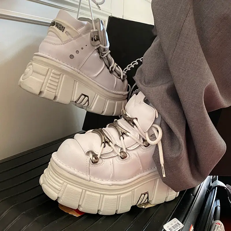 Feng Fan's Same Style Dark Gothic Metal Punk Shoes Height-Increasing Thick Sole High-Top Shoes Shoelace Chunky Leather Motorcycle Boots Trendy