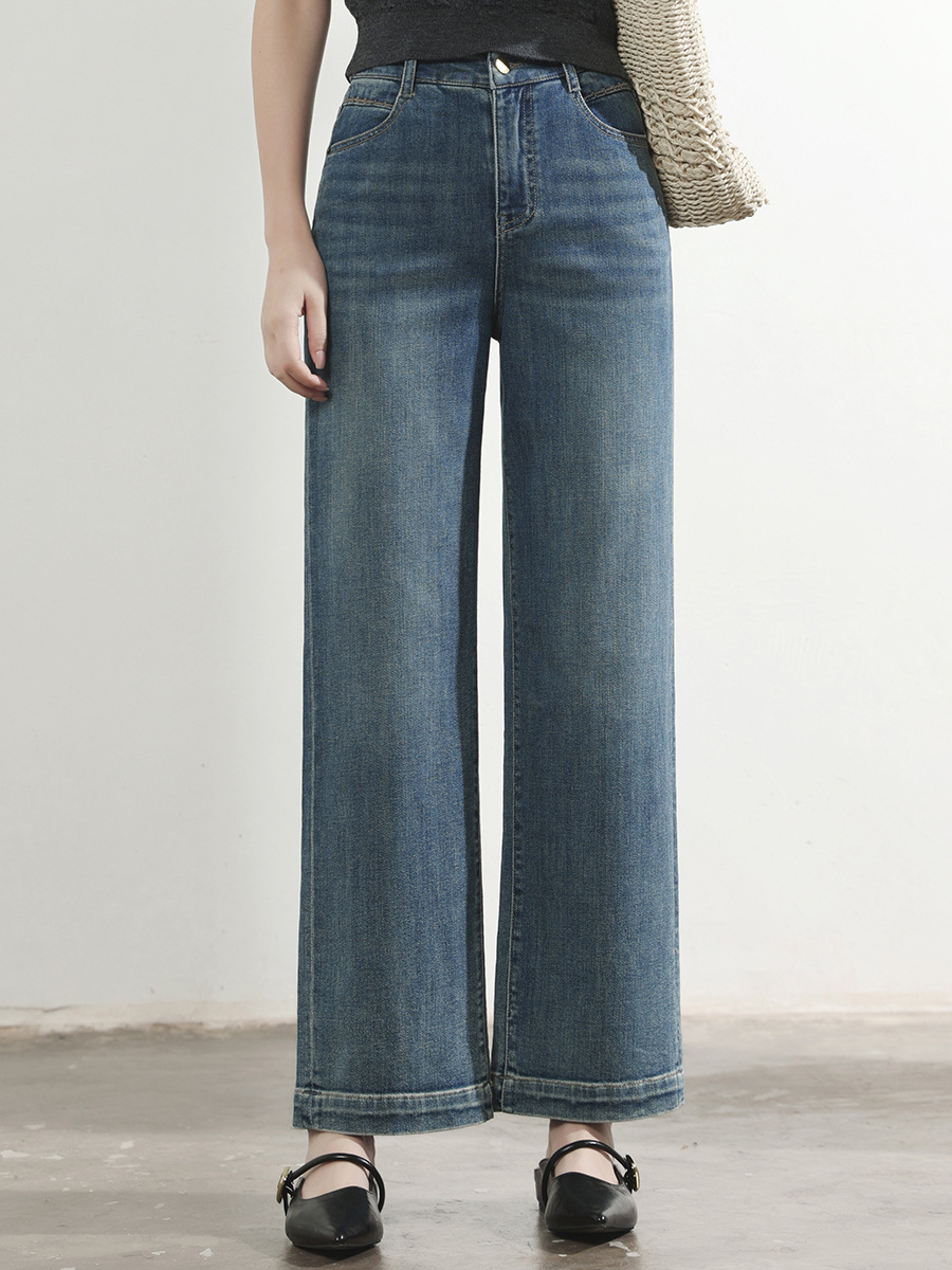 Sudu's New Popular Summer Style Narrow Straight-Leg Jeans with Embroidered Pockets, Slimming Effect, Cropped Length, and Elastic Waistband