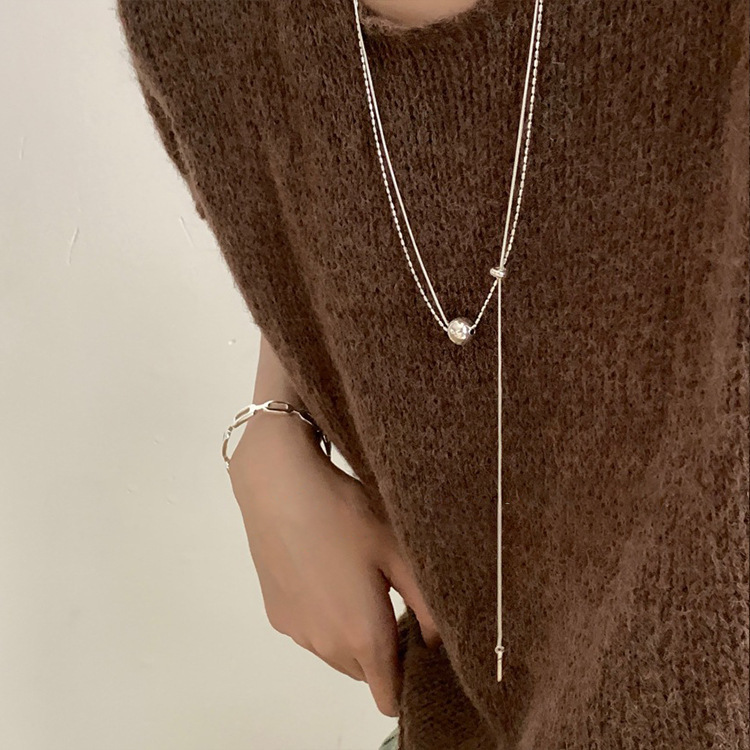 Pull-Out Chain Metal Necklace for Women, Niche Design, Autumn and Winter Accessories, Pearl Sweater Chain, Light Luxury and High-End Feel