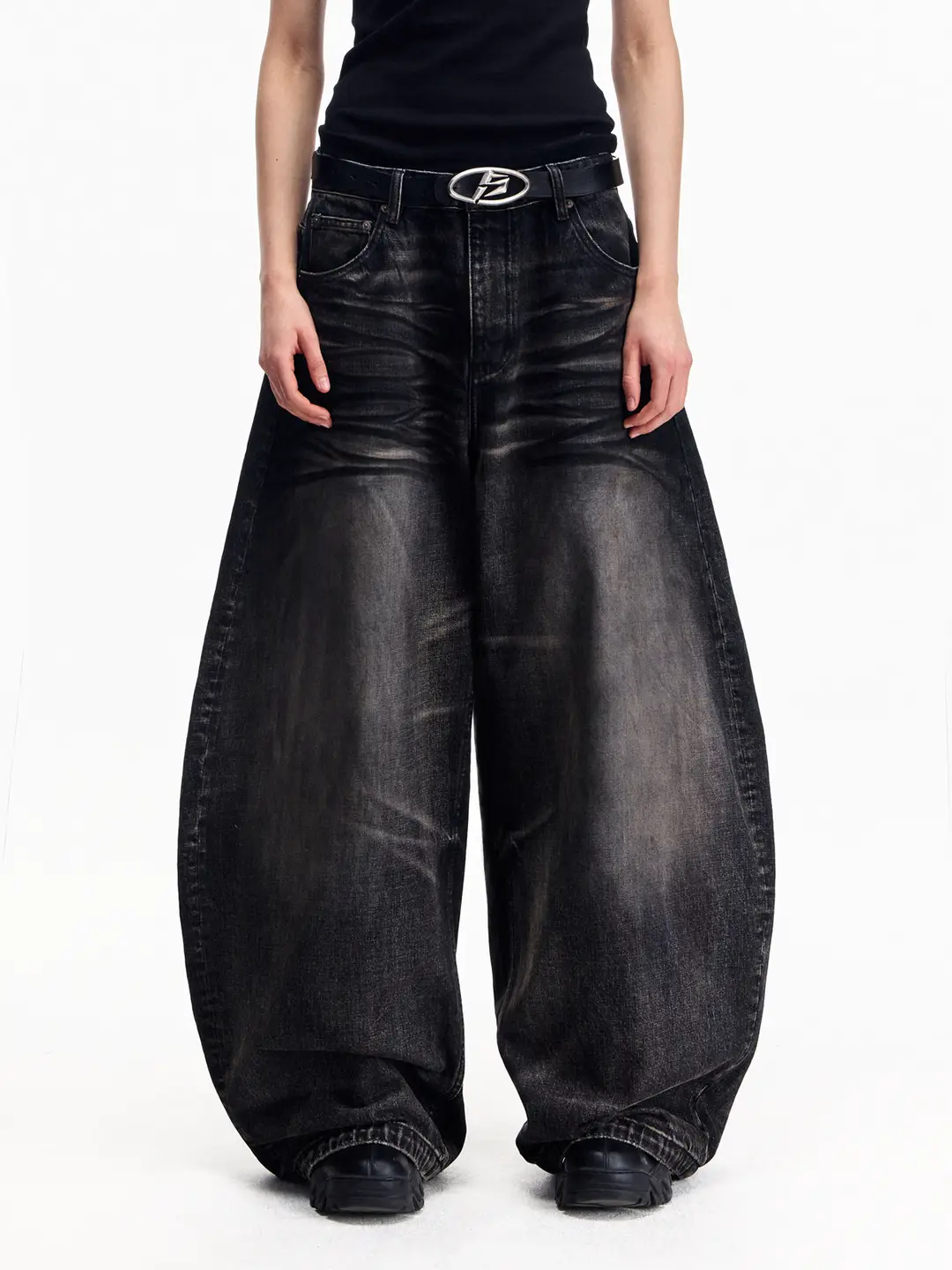 Peoplesense Distressed Vintage Washed Scimitar Jeans Black American-Style Loose Wide-Leg Pants Casual Long Pants
