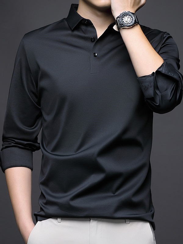 Men's seamless brocade ammonia high quality long-sleeved lapel T-shirt Spring and Autumn new youth fashion business casual men's fashion
