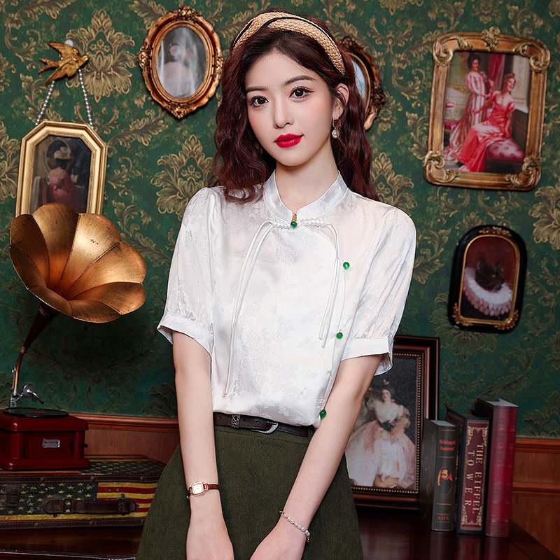 Hua Ge Di Qing High-grade White Shirt with Button for Women 2024 Summer New All-match Elegant Improved Cheongsam Chiffon Top