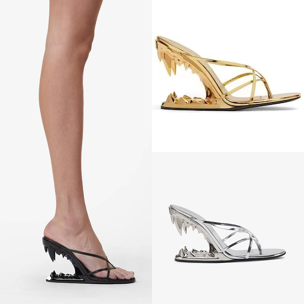 Cross-border foreign trade 2023 Chunxin Europe and the United States show teeth special-shaped heel women's high-heeled slippers catwalk wind slope heel cross QC 写真 1688 Qualit.ly