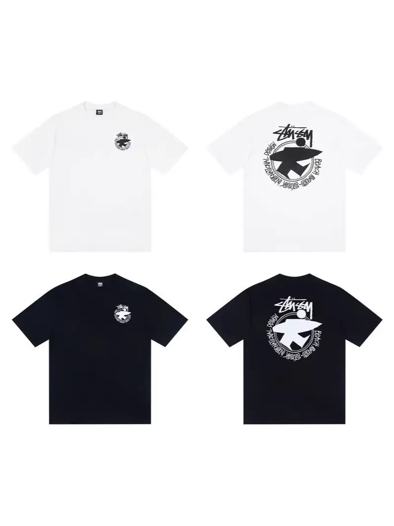 Cross-Border High-Quality Stu Stussy Letter Logo Surfer Print Double Yarn Pure Cotton Short-Sleeved T-Shirt for Men and Women