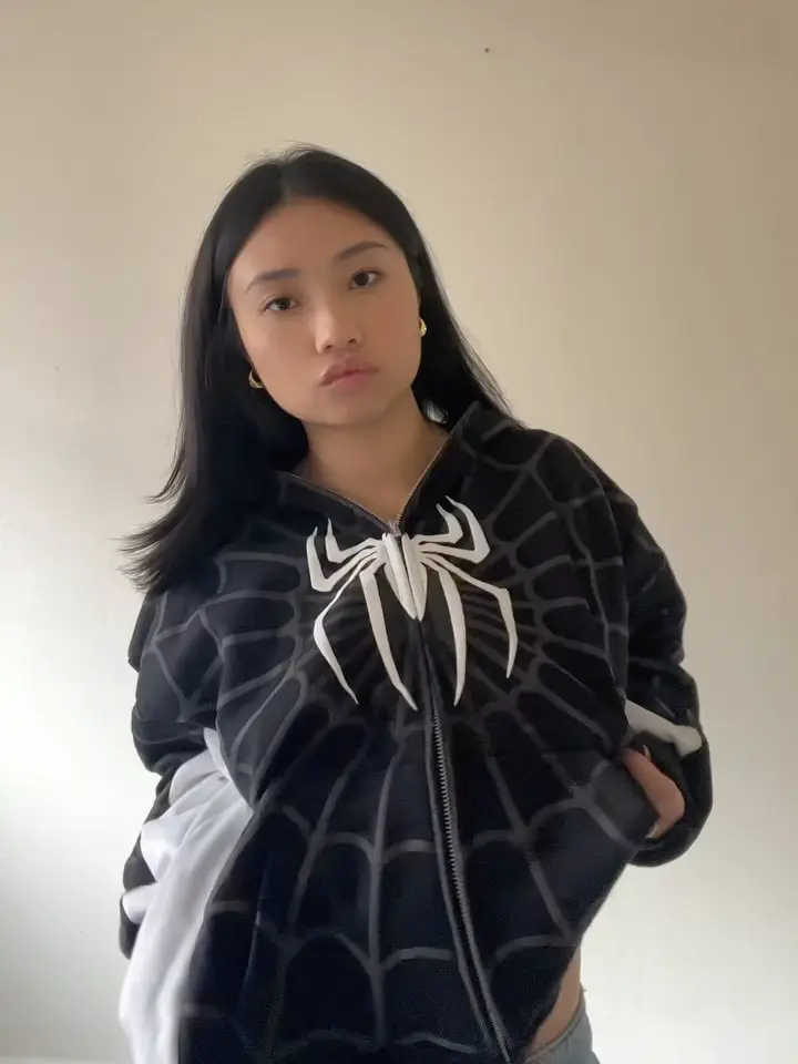 European and American Cross-Border New Gothic Dark Spider Print Hooded Cardigan Full Chain Loose Men's and Women's Trendy Sweatshirt Jacket