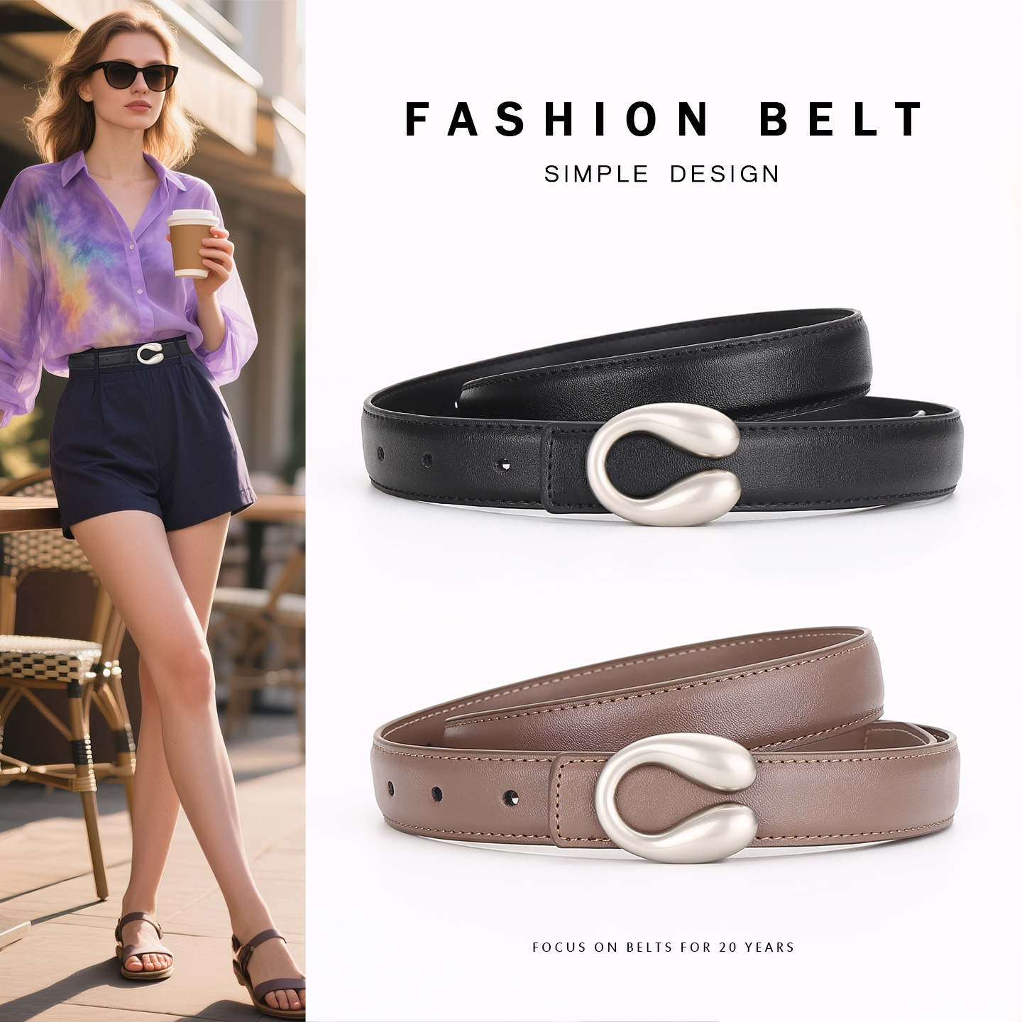 Women's Double-Sided Genuine Leather Belt, Fashionable Solid Denim Belt, Ins-Style C Buckle, High-Quality Leather Belt for Women