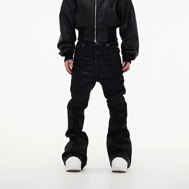 2024 New Niche Dark Wax-Coated Ribbon Micro-Stretch Wide-Leg Flared Floor-Length Stacked Denim Pants Trendy