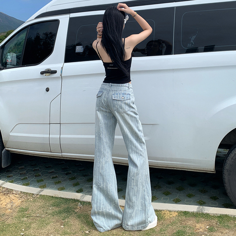 New High Waist Spring and Autumn Tall and Slim Popular Comfortable Retro Flip Pocket Micro-Lar Jeans Women's Wide Leg Longer