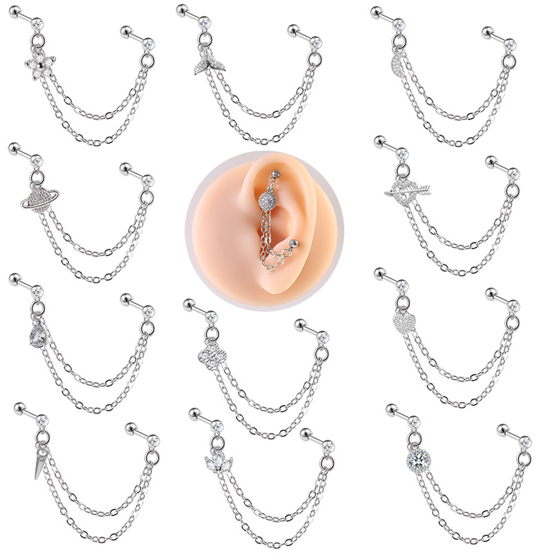 Niche Sexy Double Ear Pierced Earrings Peach Heart Ear Socket Nails Stainless Steel Flower Ear Cartilage Nails Girls Ear Chain Earrings